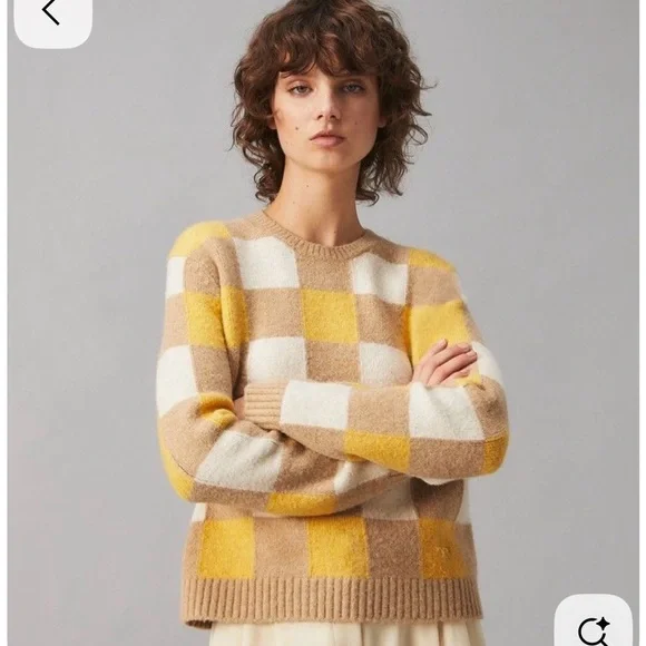 Tory Burch Intarsia Checkered Sweater Yellow Brown Preppy Fall Knit Size M - Picture 1 of 7